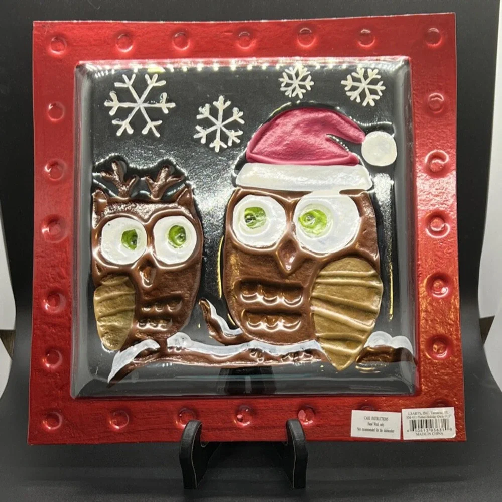 Christmas Platter Reverse Painted Holiday‎ Owls Snowflakes 11.75 X 11.75